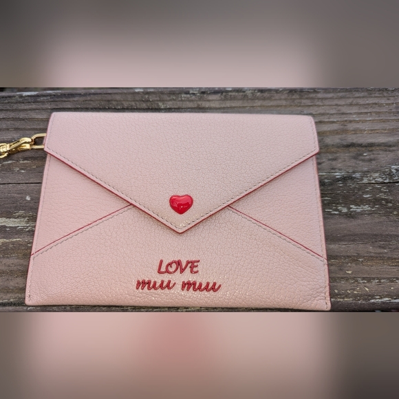 MIU MIU Madras Love Goatskin Wristlet Pouch Orchidea Heart Button Gold Chain VGC - Picture 3 of 10